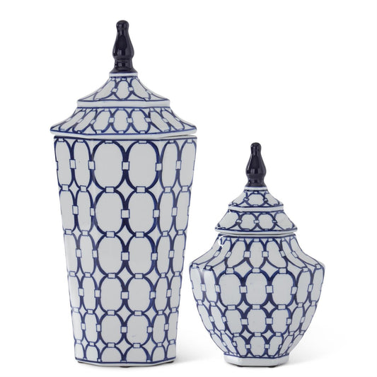 Blue & White Oval Print Ornate Porcelain Lidded Containers