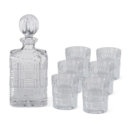 Set of 7 Grid Pressed Decanter & Lowball Drinking Glasses