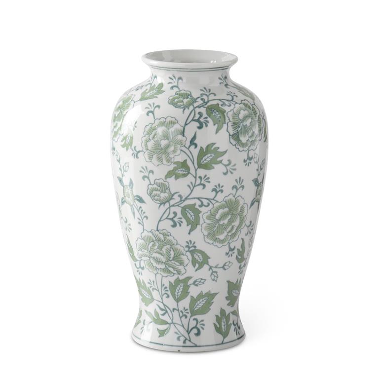 12.25 Inch Green & White Floral Ceramic Vase