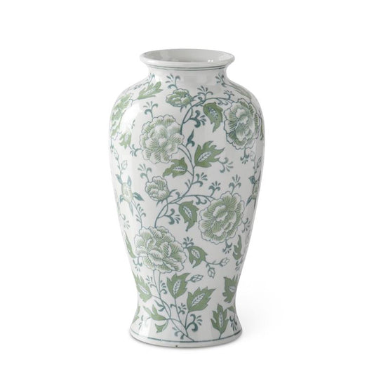 12.25 Inch Green & White Floral Ceramic Vase