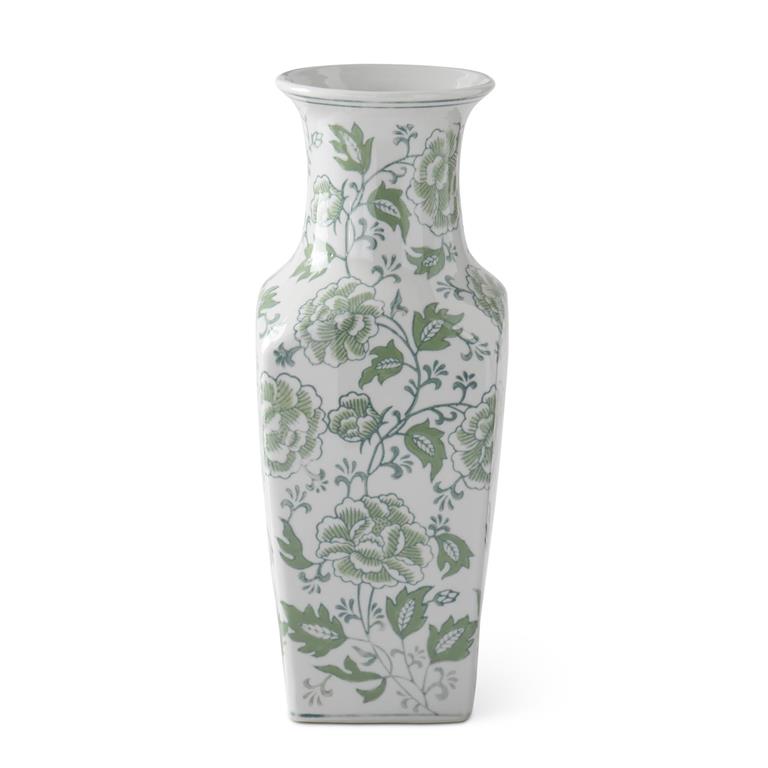 14 Inch Green & White Floral Ceramic Vase