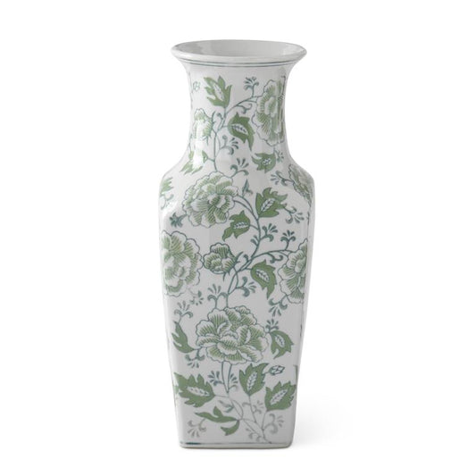 14 Inch Green & White Floral Ceramic Vase