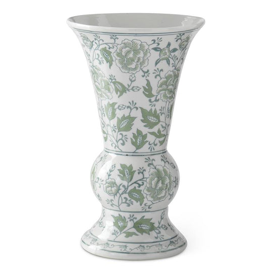 14 Inch Green & White Floral Ceramic Vase