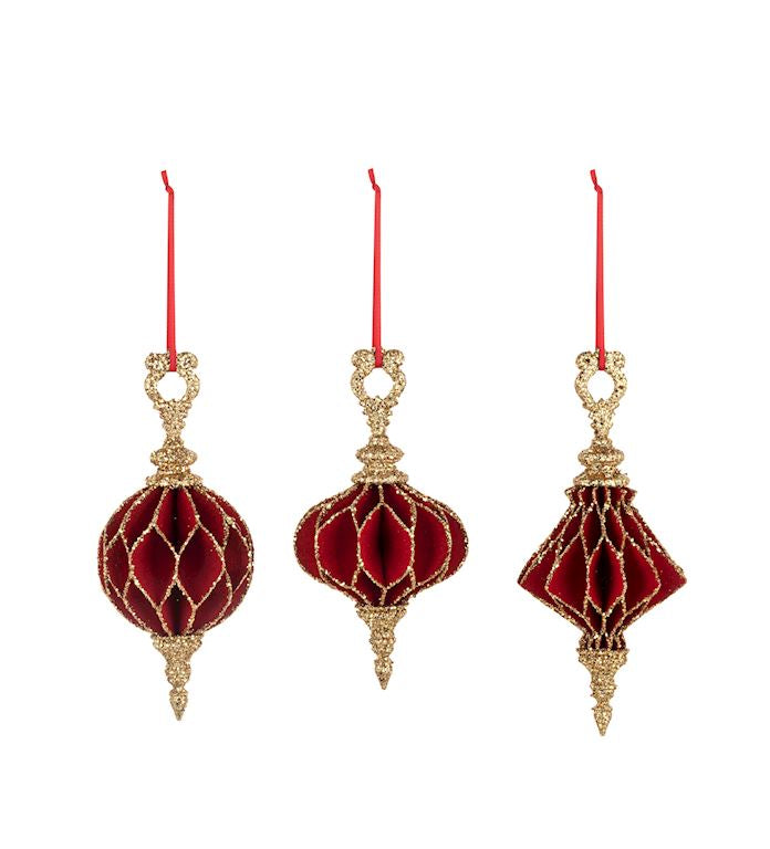Red and Gold Glitter Paper Finial Ornaments 3 Assorted - 3x7in