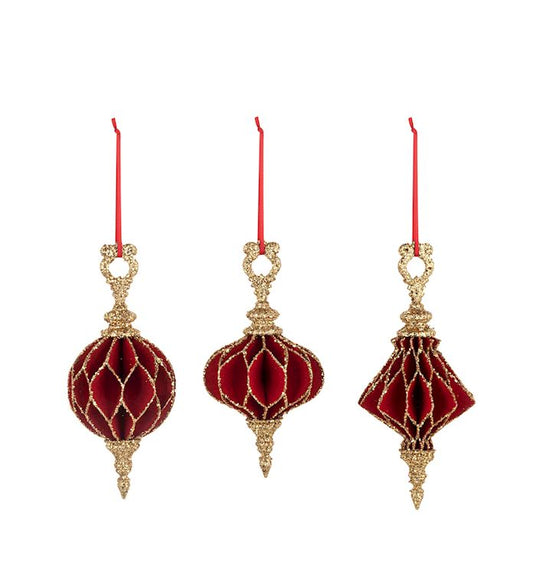Red and Gold Glitter Paper Finial Ornaments 3 Assorted - 3x7in