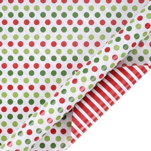 30" x 10' Holiday Reversible Wrapping Paper | Red & Green Dots on White/Red & White Diagonal Stripe