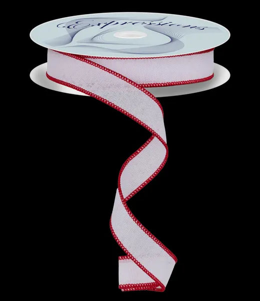 7/8" x 25yd White /Red Trim Faux Burlap Ribbon