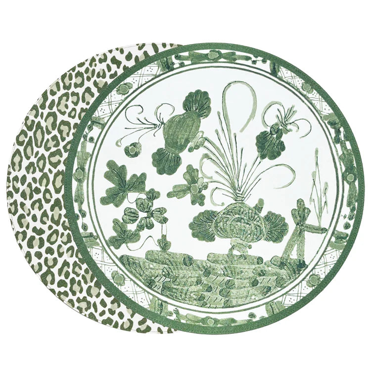 VIDA Faenza and Cheetah Reversible Round Placemats Set of 4 White & Green 3288