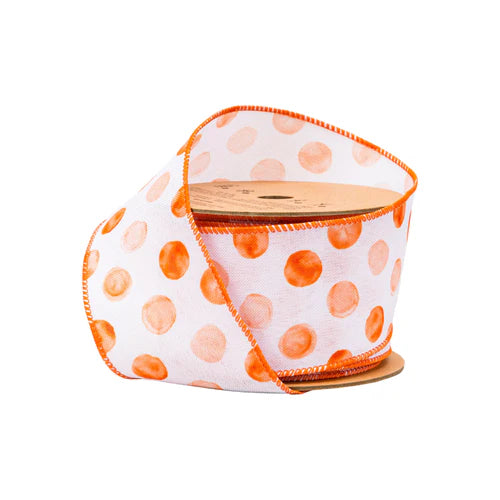 2 1/2" Wired Ribbon | Orange Water Color Dots on White | 10 Yard Roll