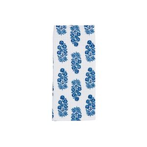 Waffle weave hand towel with contrast pattern edge.