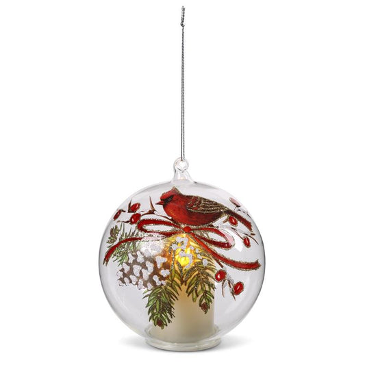 3.5 Inch LED Clear Glass Cardinal & Pinecone Ornament