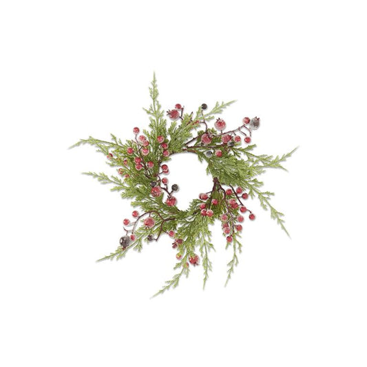 16 Inch Cypress Pine w/Dark Red Iced Berry Candle ring