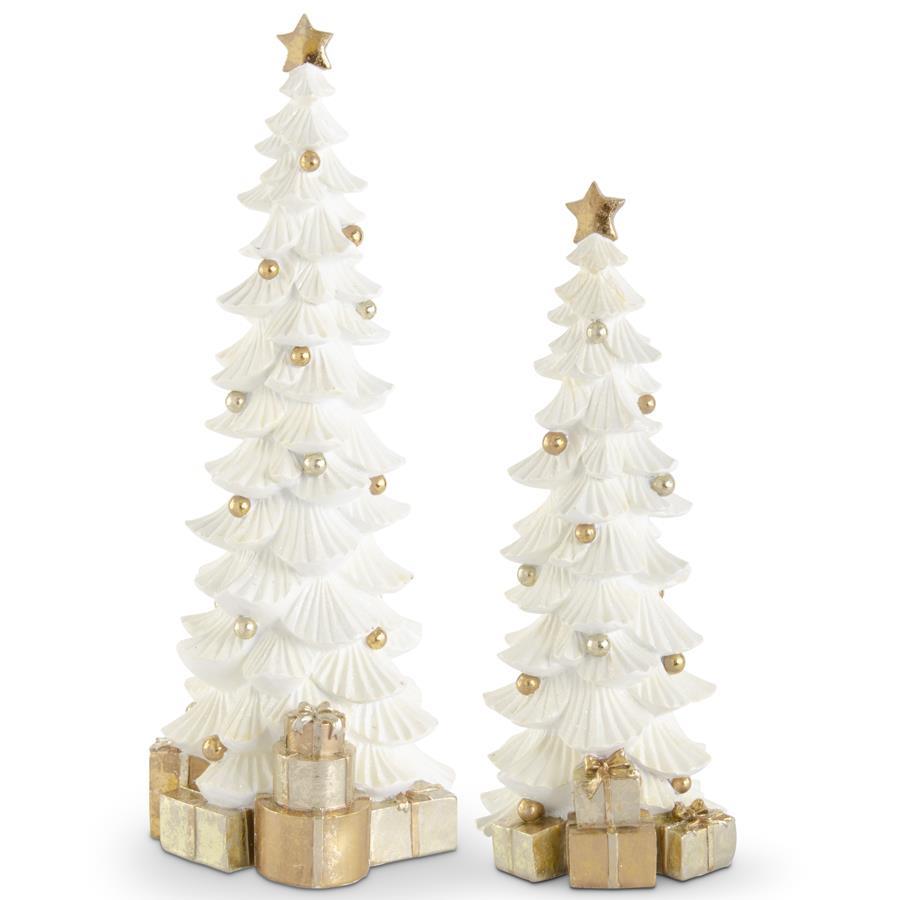 White Glittered Resin Trees w/Gold Pack set of 2