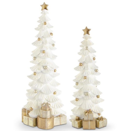 White Glittered Resin Trees w/Gold Pack set of 2