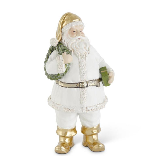 white/ gold resin santa with wreath and package
