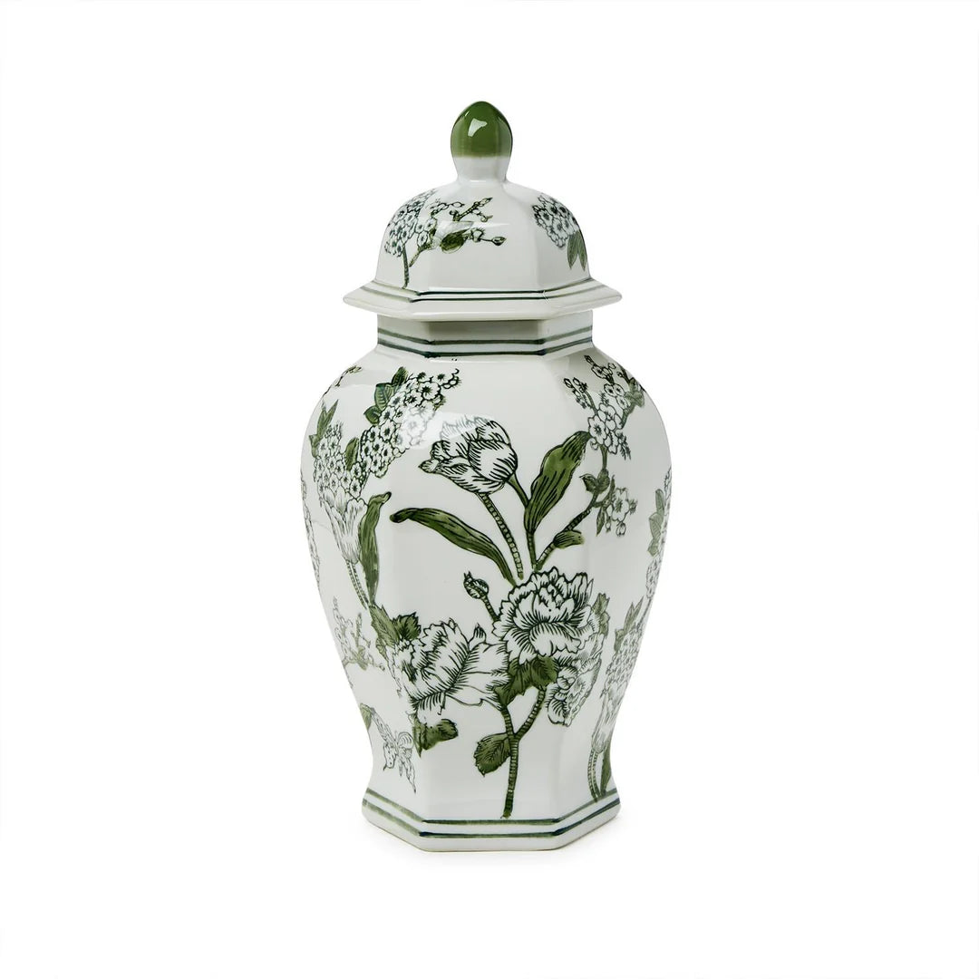 14" Green & White Temple Jar