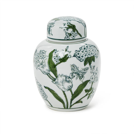 7 1/2" Primrose and Lotus Green and White Chinoiserie Ginger Jar with Lid