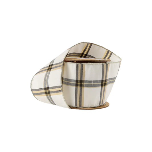 4" Wired Ribbon Ivory/Black/Gold Plaid