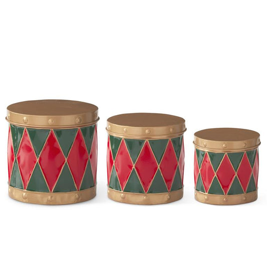 Set of 3 Red & Green Harlequin Metal Drum Container