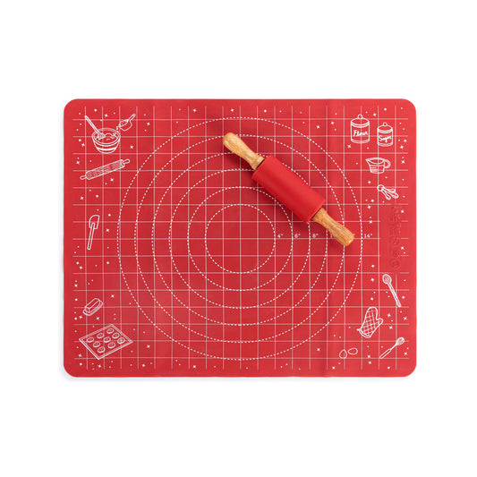 Holiday Red Baking Mat with Measurements & Rolling Pin Set