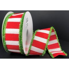 2.5" X 10Yd Wired Red / White Wide Stripes W/ Green Tinsel Edge Ribbon