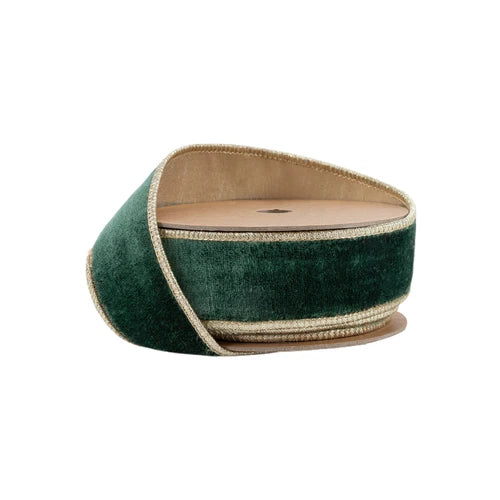 1 1/2" Wired Premium Velvet Ribbon | Dark Green w/ Gold Metallic Backing | 10 Yard Roll