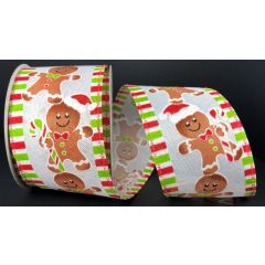 2.5" X 10Yd Wired Linen Gingerbread Men W/ Lime / Red Dash Edge Ribbon