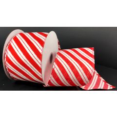 2.5" 10Yd Wired Red / White Glitter Candy Cane Stripes Ribbon