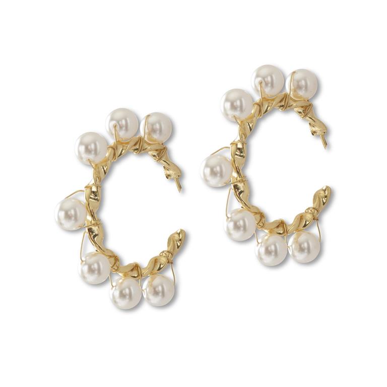 Brass Metal Twisted Hoop Big Pearl Beaded Earrings