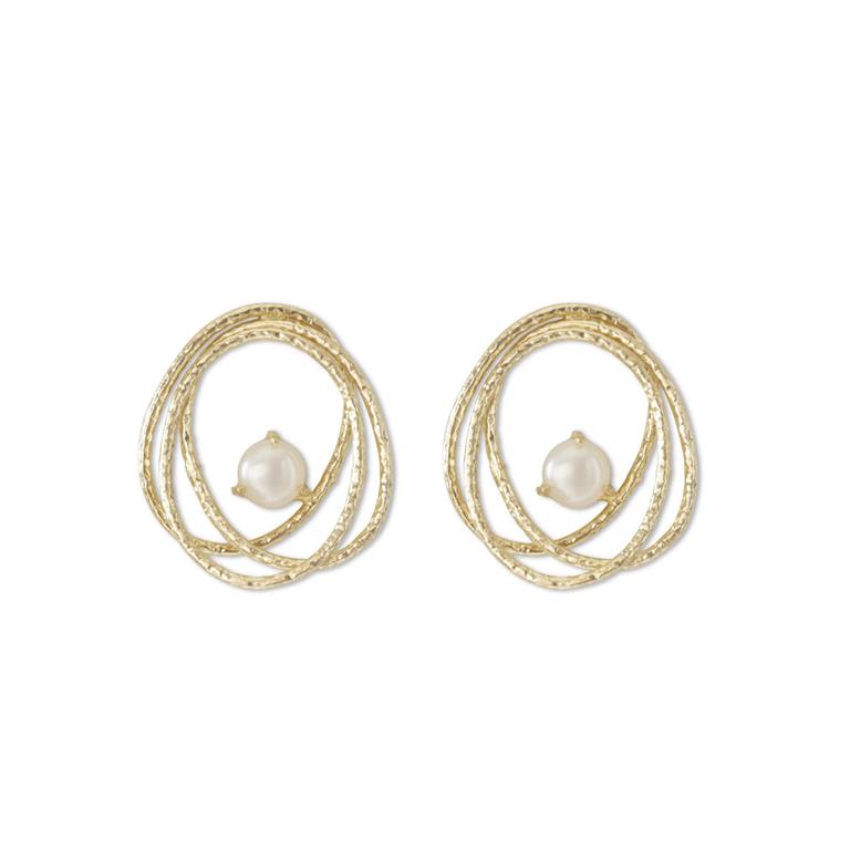 Gold Textured Overlapping Oval Pearl Earrings