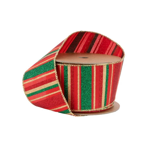2 1/2" Wired Ribbon | Red, Green, Gold Horizontal Glittered Stripes on Red | 10 Yard Roll
