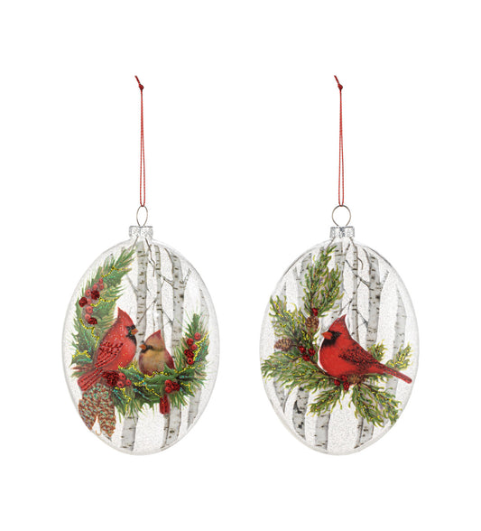 Oval Birch Tree Sparkly Cardinal Ornaments 2 Assorted - 3.5x5in