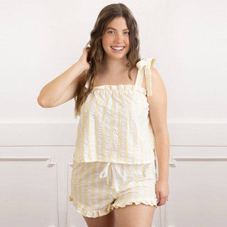 Butter Yellow & White Textured Tie Top Ruffle Sleep Set