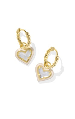 ARI HEART ENAMEL FRAME HUGGIE EARRINGS- IVORY MOP