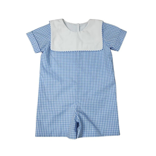 Boys Blue Check Short Basic Romper White Square Collar