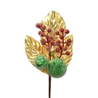 Glittered/Beaded pear, Berry & Leaf Pick Green/Gold/Red