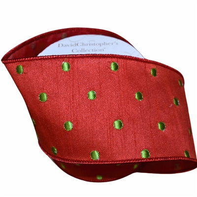 Red Faux Dupioni Ribbon w/ Green Embroidery Dots 4" x 10yd