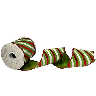 Lime/Red/White Faux Dupioni Stripe Ribbon 4"X10YD