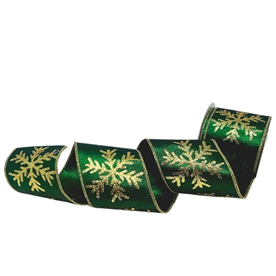 Gold Glitter Snowflake Print On Emerald Metallic Dupioni Ribbon 4”X 10YD