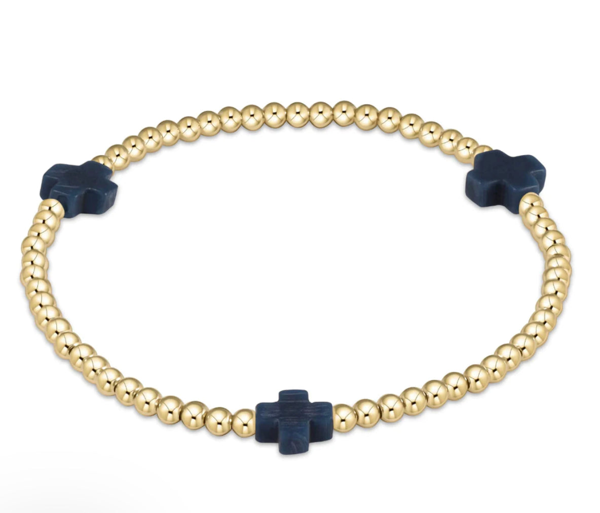Signature Cross Gold Pattern 2mm Bead Bracelet - Navy