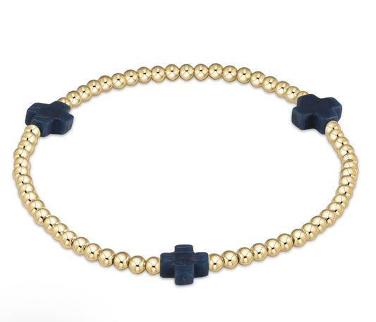 Signature Cross Gold Pattern 2mm Bead Bracelet - Navy