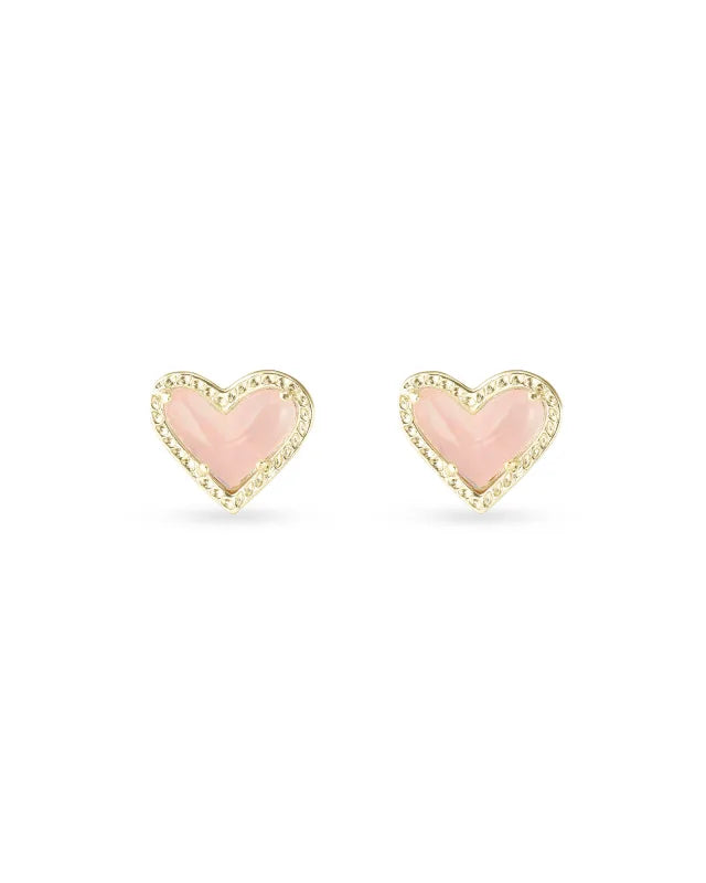 Mini Ari Heart Stud Earring Gold Rose Quartz