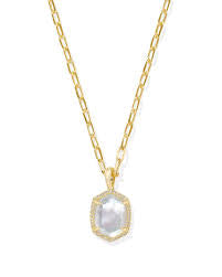Daphne Pave Frame Drop Necklace Gold Iridescent Ivory Illusion