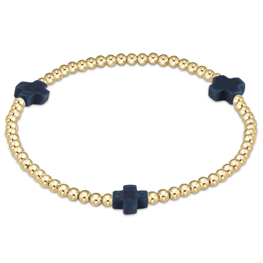 Signature Cross Gold Pattern 3mm Bead Bracelet -Navy