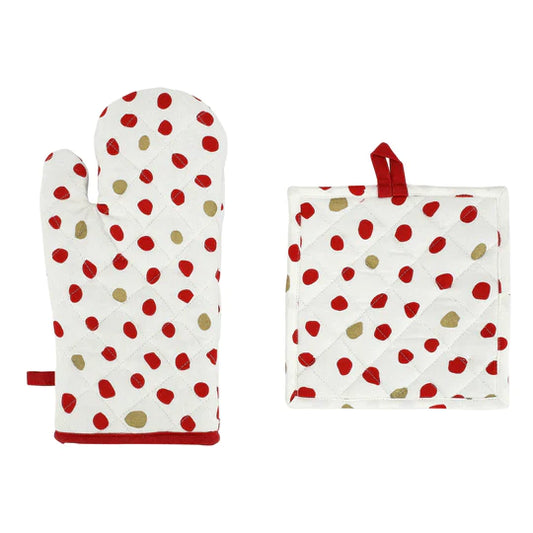 Dot Red/Gold Oven Mitt & Pothol