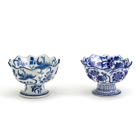 Scalloped Edge Footed Bowl-Blue/White