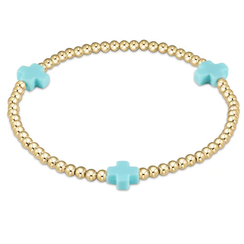 Signature Cross Gold Pattern 3mm Bead Bracelet-Turquoise