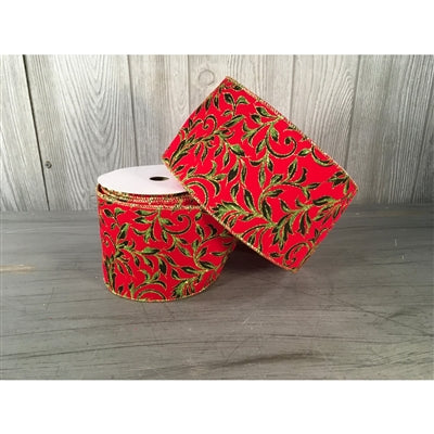 Printed LeafVine on Velvet Ribbon Red/Green/Gold 4” X 10 yd