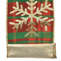 Red/Green Checkered Plaid Ribbon with Golden Glittered Snowflakes 4” X 10 yd