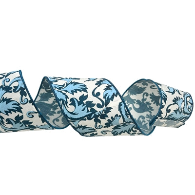 ELEGANT ACANTHUS FAUX CANVAS RIBBON 4''X 10YD-BLUE/WHITE